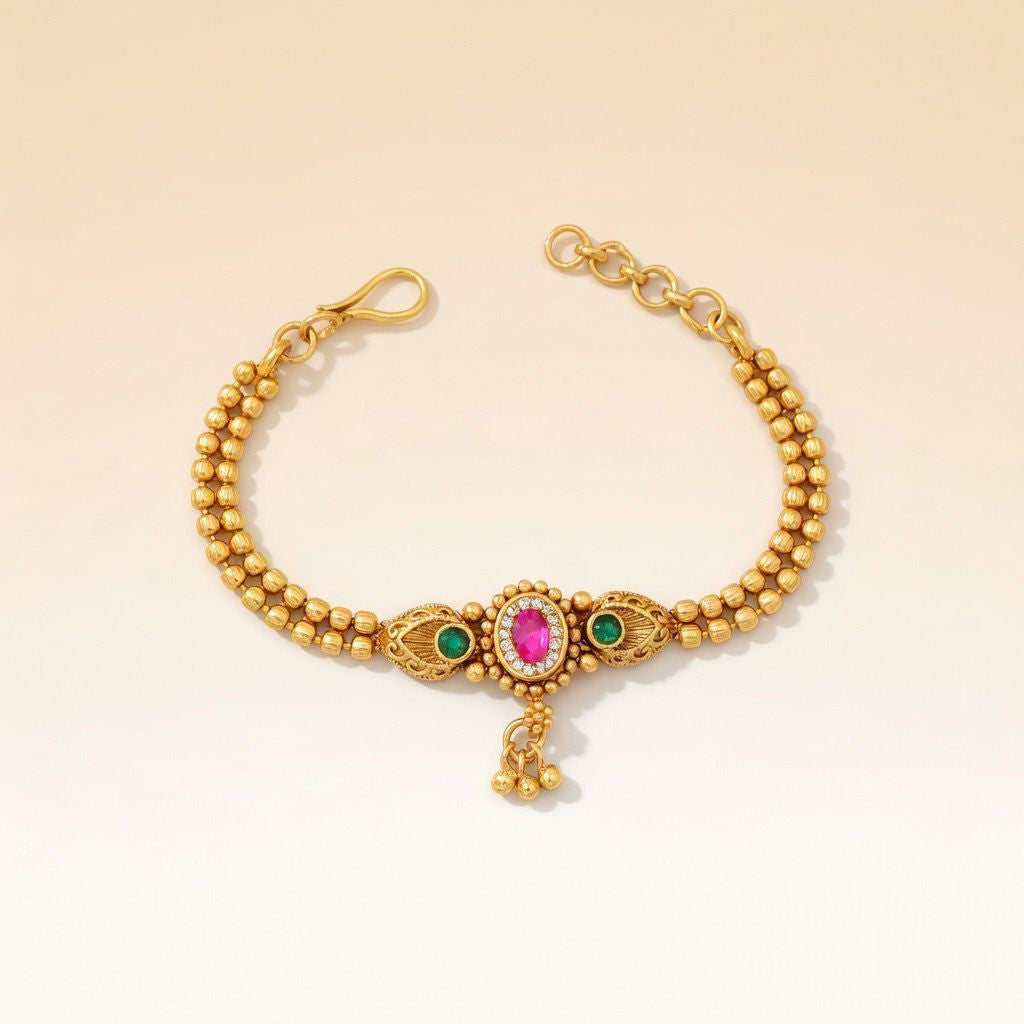 Traditional Brass Bracelet with Pink Stone Centerpiece — Boho Jewellery UK | The Colourful Aura