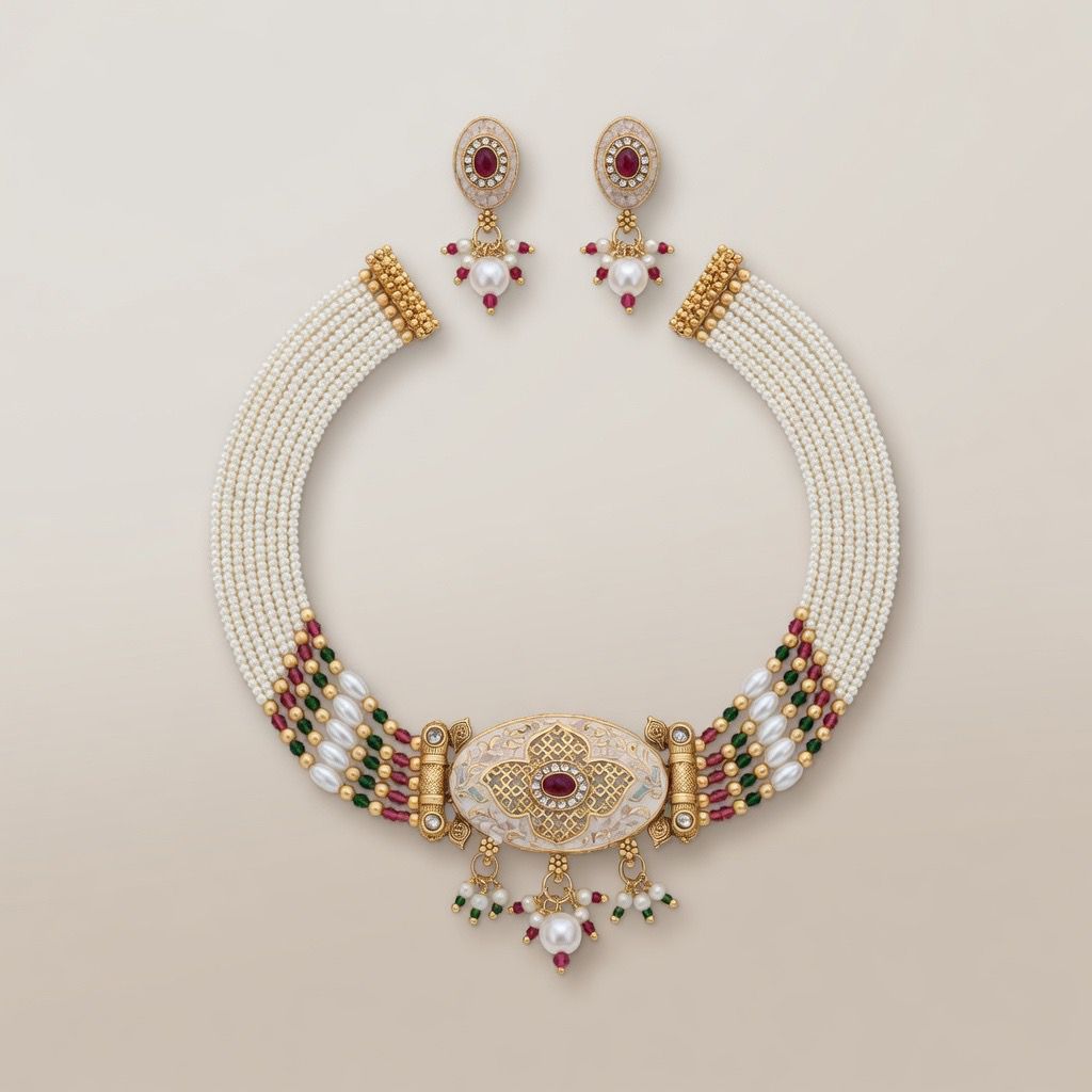 Traditional Ethnic Multi Strand White Pearl Dangle Diana Choker — Boho Jewellery UK | The Colourful Aura