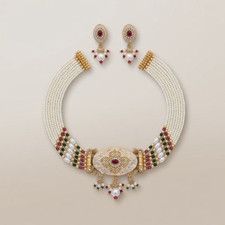 Traditional Ethnic Multi Strand White Pearl Dangle Diana Choker — Boho Jewellery UK | The Colourful Aura
