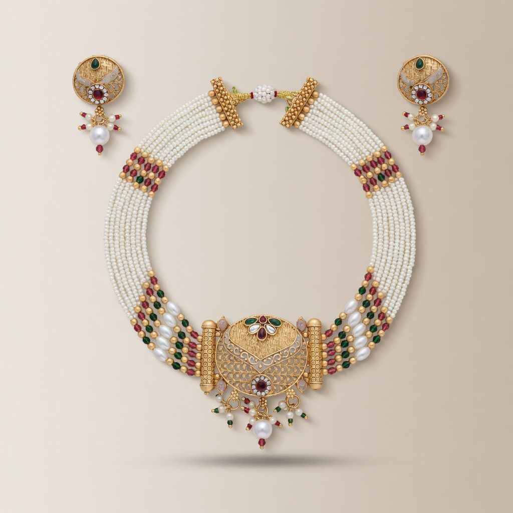 Traditional Ethnic Multi Strand White Pearl Dangle Diana Choker — Boho Jewellery UK | The Colourful Aura