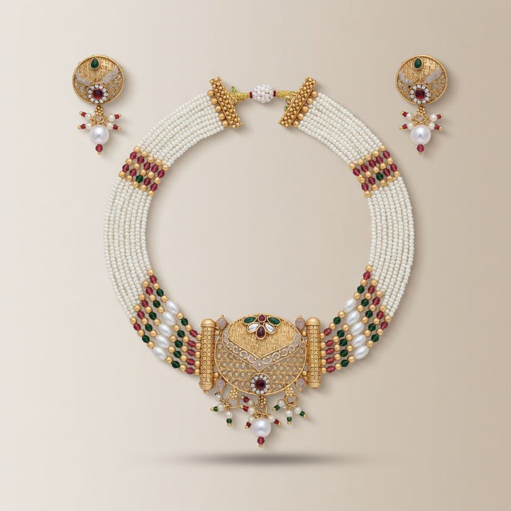 Traditional Ethnic Multi Strand White Pearl Dangle Diana Choker — Boho Jewellery UK | The Colourful Aura