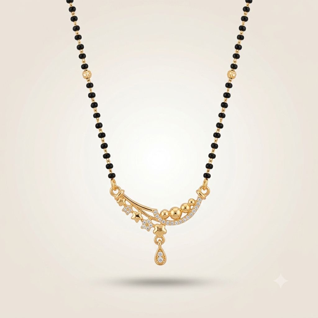 Rose Gold Plated CZ Crystal Floral Sweep Mangalsutra Black Bead Necklace 18 Inch