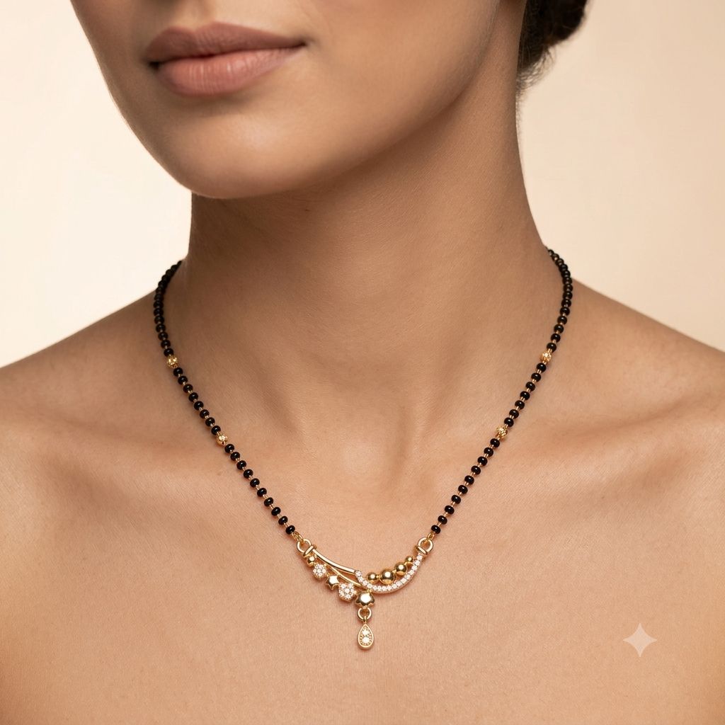 Rose Gold Plated CZ Crystal Floral Sweep Mangalsutra Black Bead Necklace 18 Inch