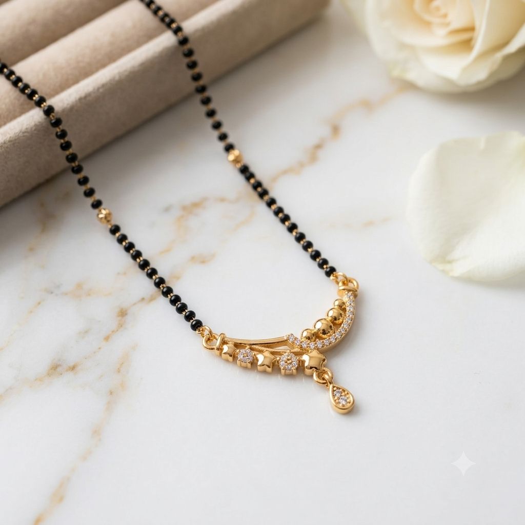 Rose Gold Plated CZ Crystal Floral Sweep Mangalsutra Black Bead Necklace 18 Inch