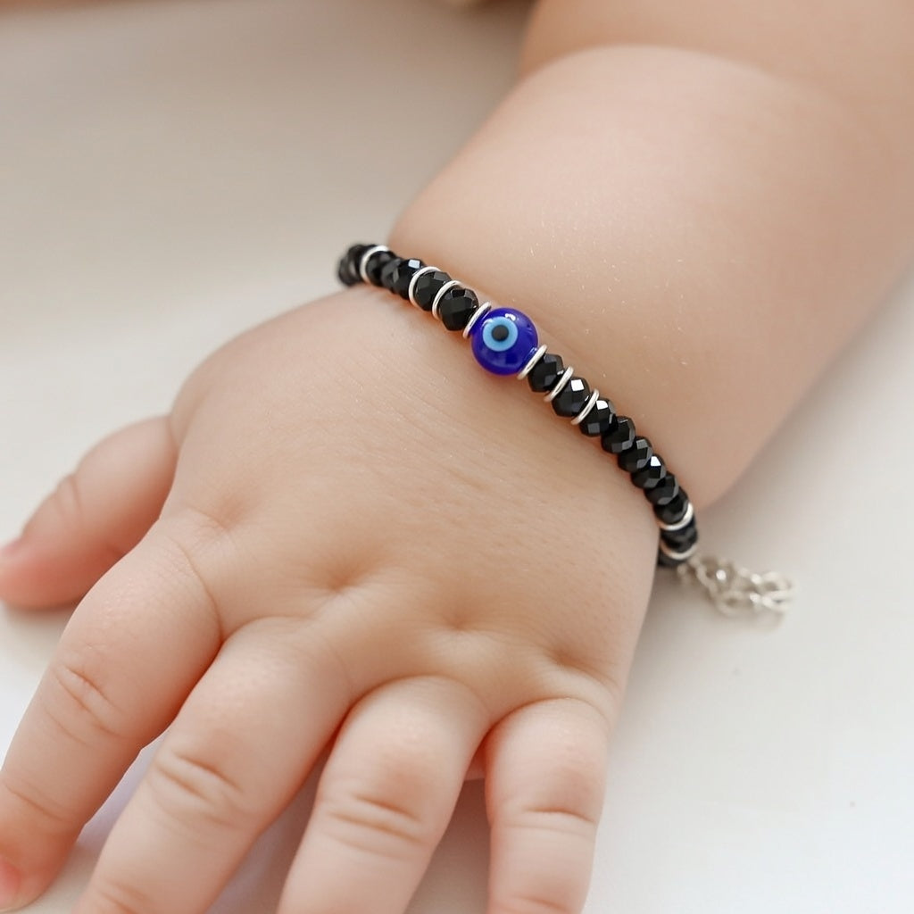 Black Beaded Evil Eye Silver Kids Nazaria Bracelet