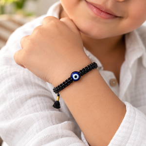 Adjustable Black Pearl Evil Eye Nazaria Bracelet for Kids (Close-up Detail) | The Colourful Aura