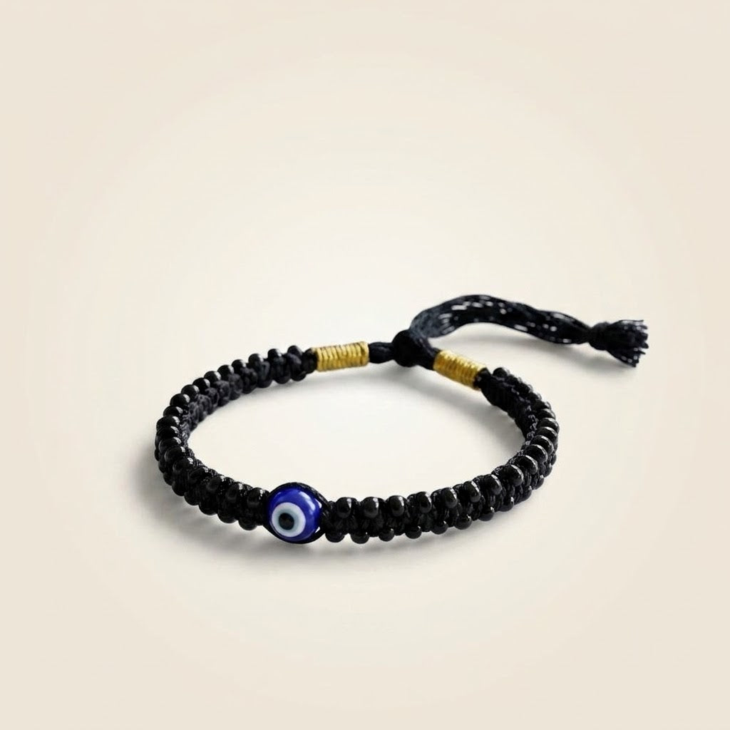 Adjustable Black Pearl Evil Eye Nazaria Bracelet for Kids (Close-up Detail) | The Colourful Aura