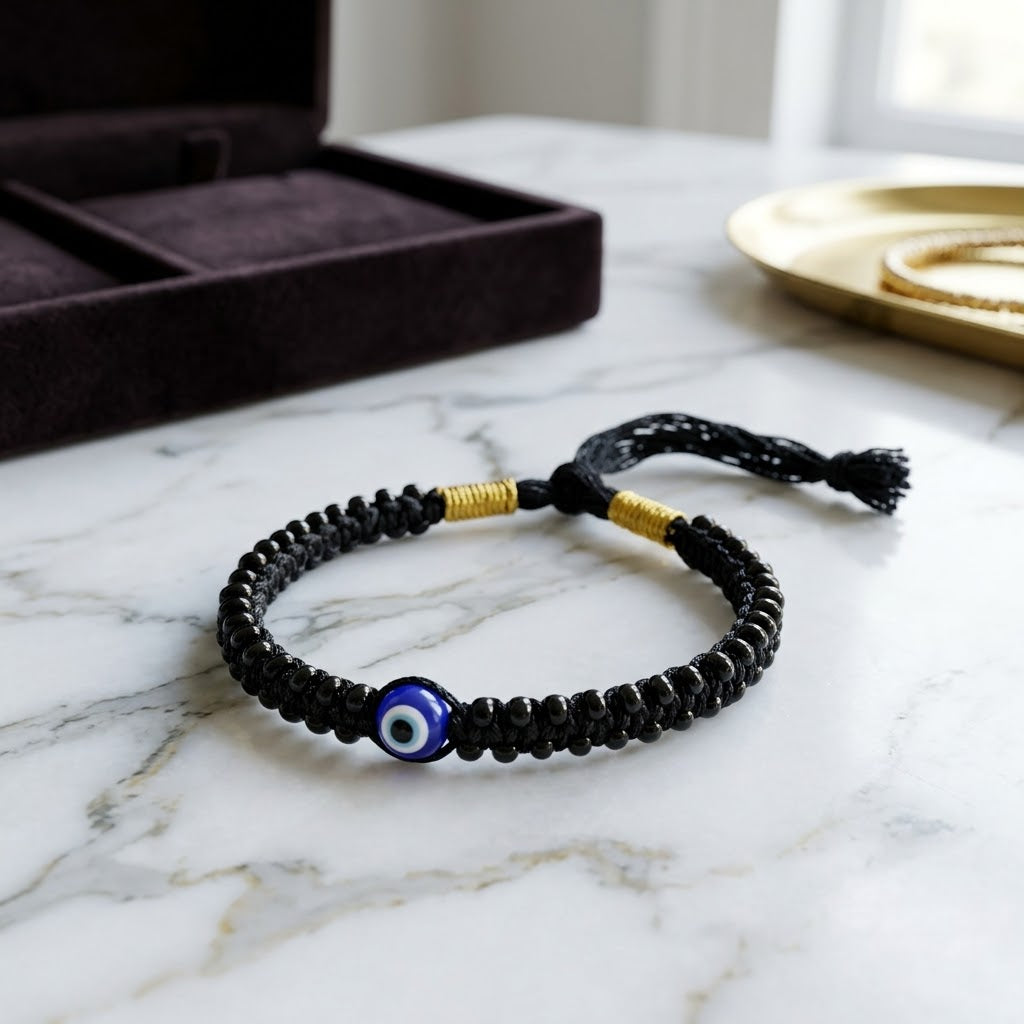 Adjustable Black Pearl Evil Eye Nazaria Bracelet for Kids (Close-up Detail) | The Colourful Aura