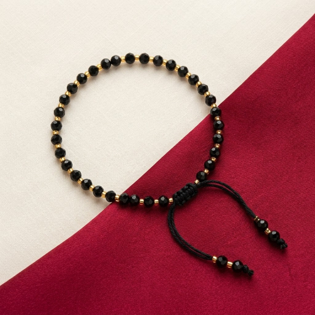 Adjustable Gold Black Beads Bracelet For Newborns and Adults (Close-up Detail) | The Colourful Aura