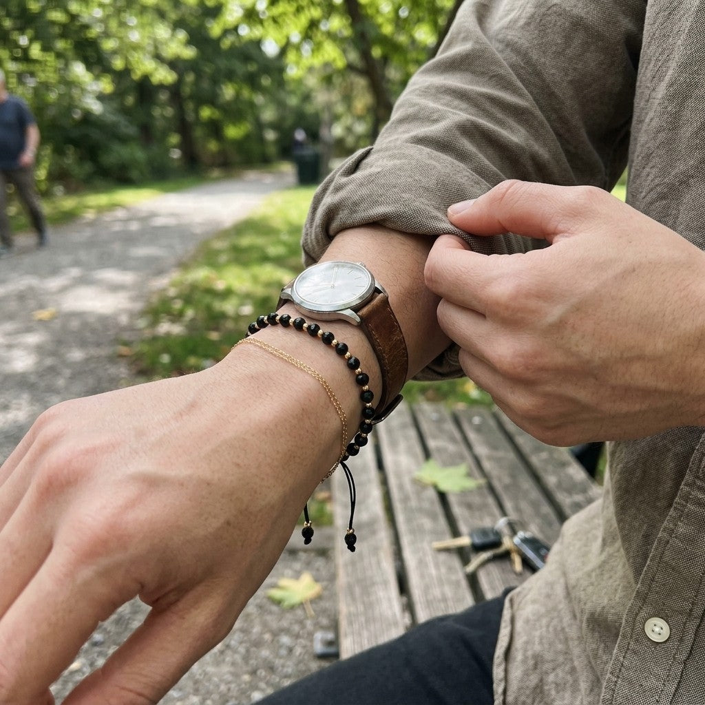 Adjustable Gold Black Beads Bracelet For Newborns and Adults (Worn on Wrist with Watch) | The Colourful Aura
