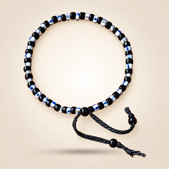 Adjustable Nylon Thread Black Beads Evil Eye Nazaria Bracelet for Kids and Babies (Close-up Detail) | The Colourful Aura