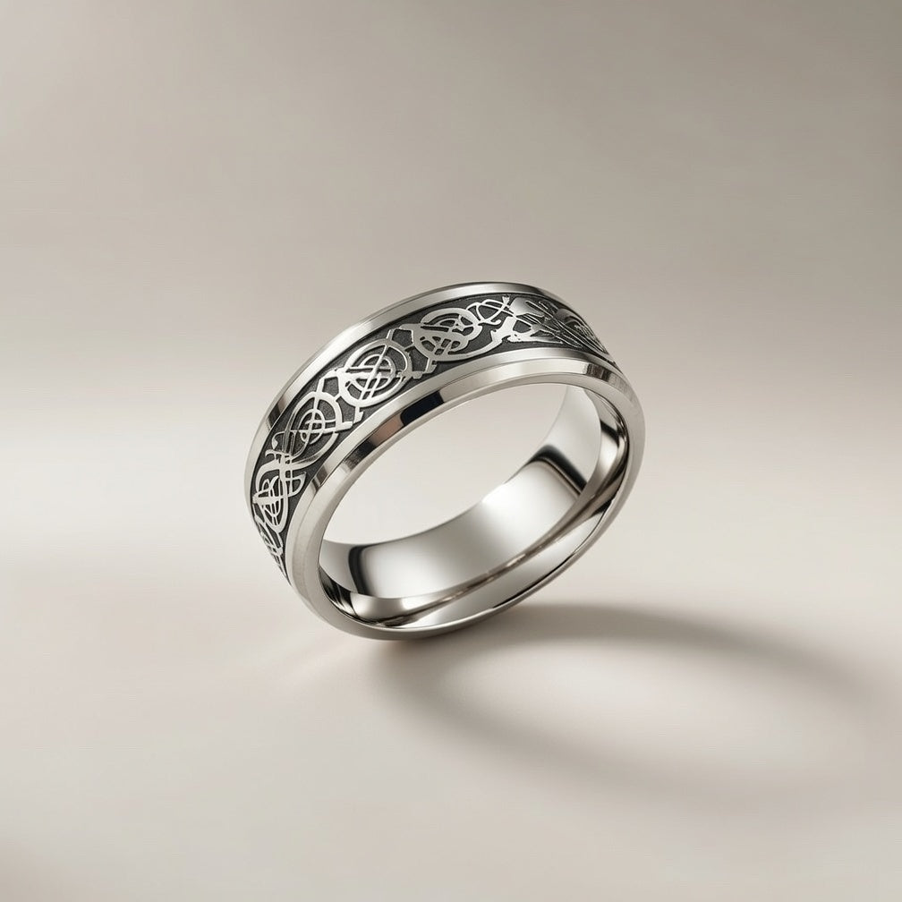 Tungsten Dragon Unisex Pattern Steel Thick cuff silver band ring — Boho Jewellery UK | The Colourful Aura