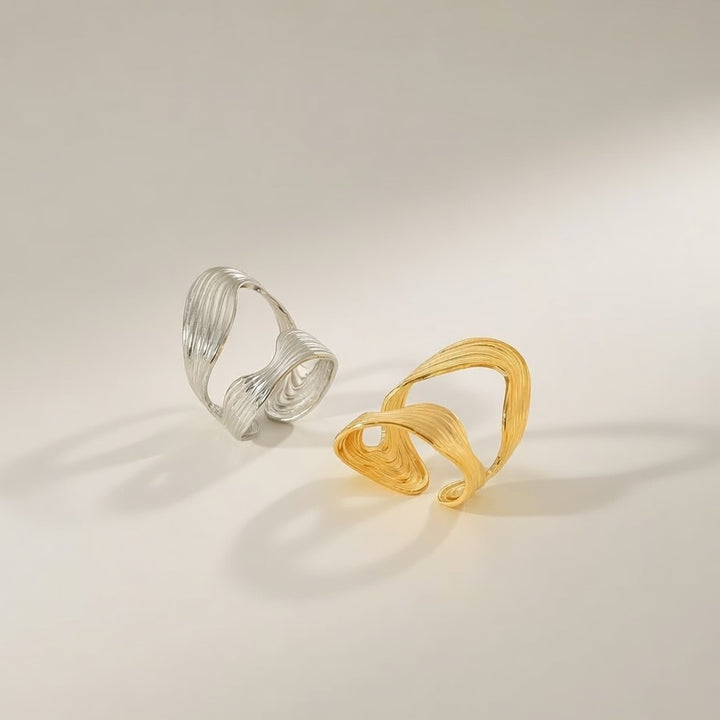 Textured Wave Adjustable Ring Open Statement Band (Gold/Silver) — Boho Jewellery UK | The Colourful Aura