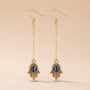 Handmade Long Chain Hamsa Evil Eye Fatima Hand Tassel Chain Drop Earring — Boho Jewellery UK | The Colourful Aura