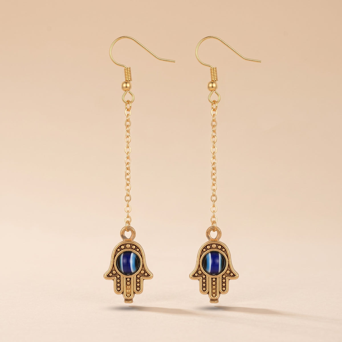 Handmade Long Chain Hamsa Evil Eye Fatima Hand Tassel Chain Drop Earring — Boho Jewellery UK | The Colourful Aura