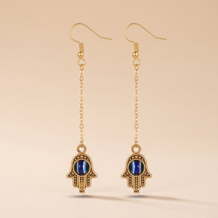 Handmade Long Chain Hamsa Evil Eye Fatima Hand Tassel Chain Drop Earring — Boho Jewellery UK | The Colourful Aura