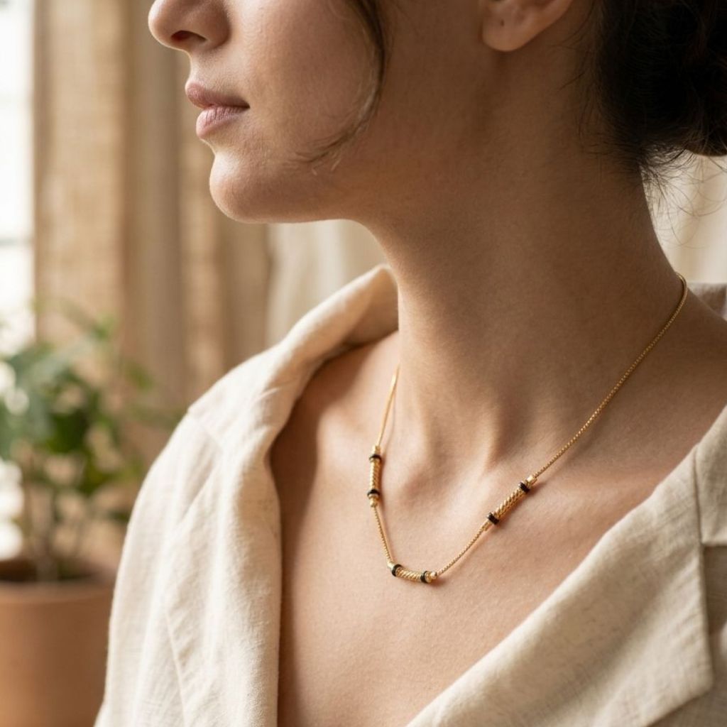 Side profile of a woman wearing a minimalist 18ct gold plated black bead necklace with a linen top