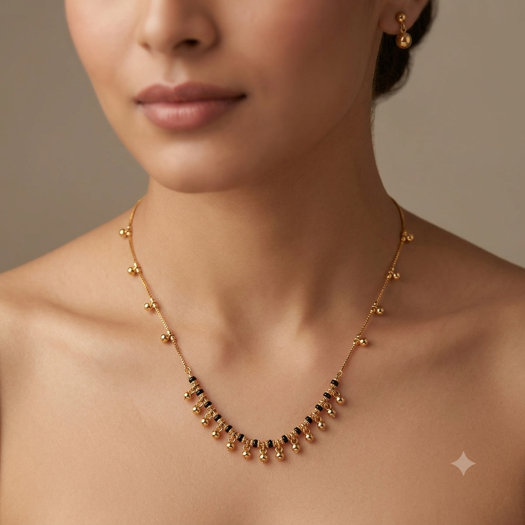 Black Bead Gold Dangle Necklace (Close-up Detail) | The Colourful Aura