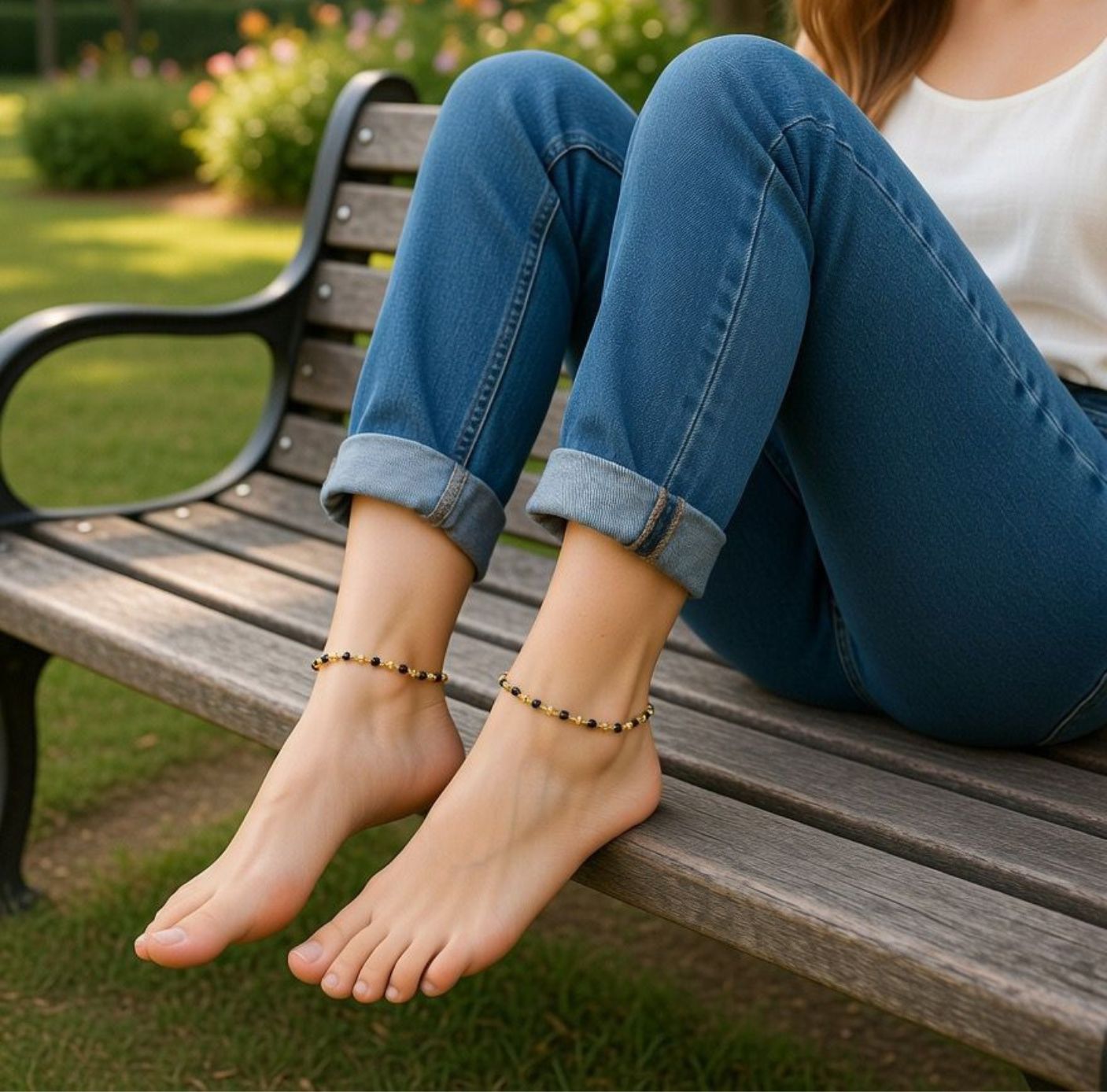 Close-up detail of black bead gold Nazaria anklet showing faceted black beads and textured gold spacer balls