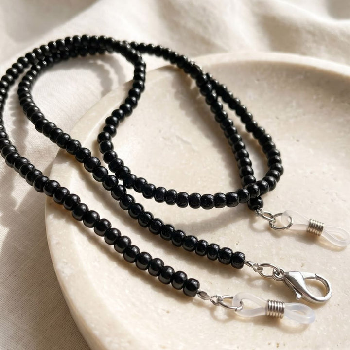 Black Glass Beaded soft 60 cm Glass Chain Lanyard Holder (Lifestyle Flatlay) | The Colourful Aura