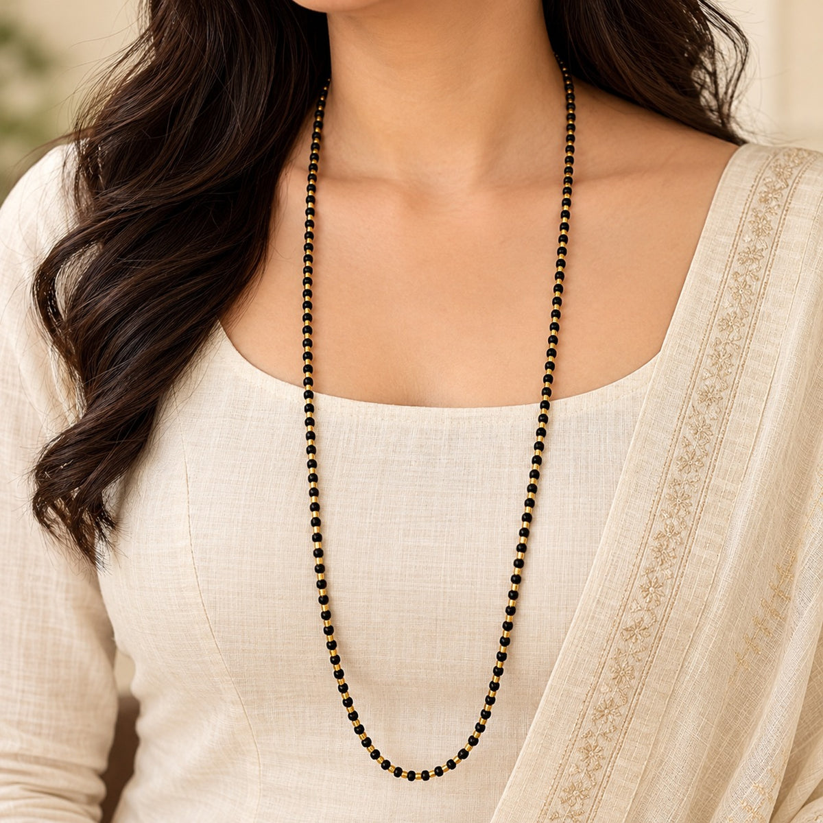 Black and Gold Beaded Plain Indian Mangalsutra Necklace 30 Inch (Close-up Detail) | The Colourful Aura