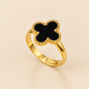 Black Four Leaf Clover Adjustable Ring (Close-up Detail) | The Colourful Aura