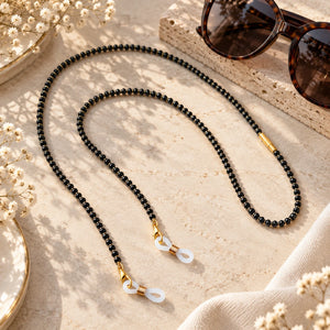 Black & Gold Beaded 65 cm Glass Chain Lanyard Holder (Close-up Detail) | The Colourful Aura