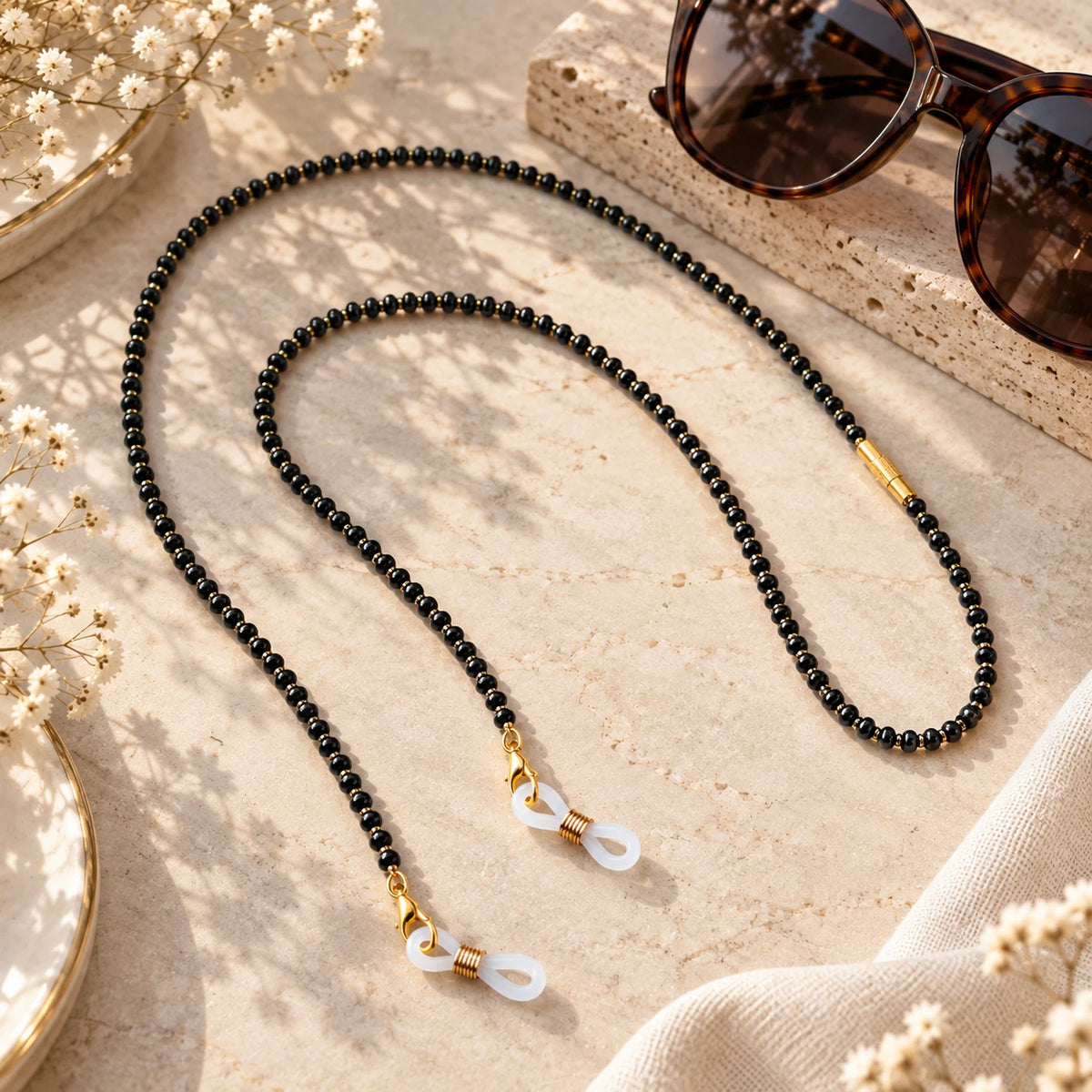 Black & Gold Beaded 65 cm Glass Chain Lanyard Holder (Close-up Detail) | The Colourful Aura
