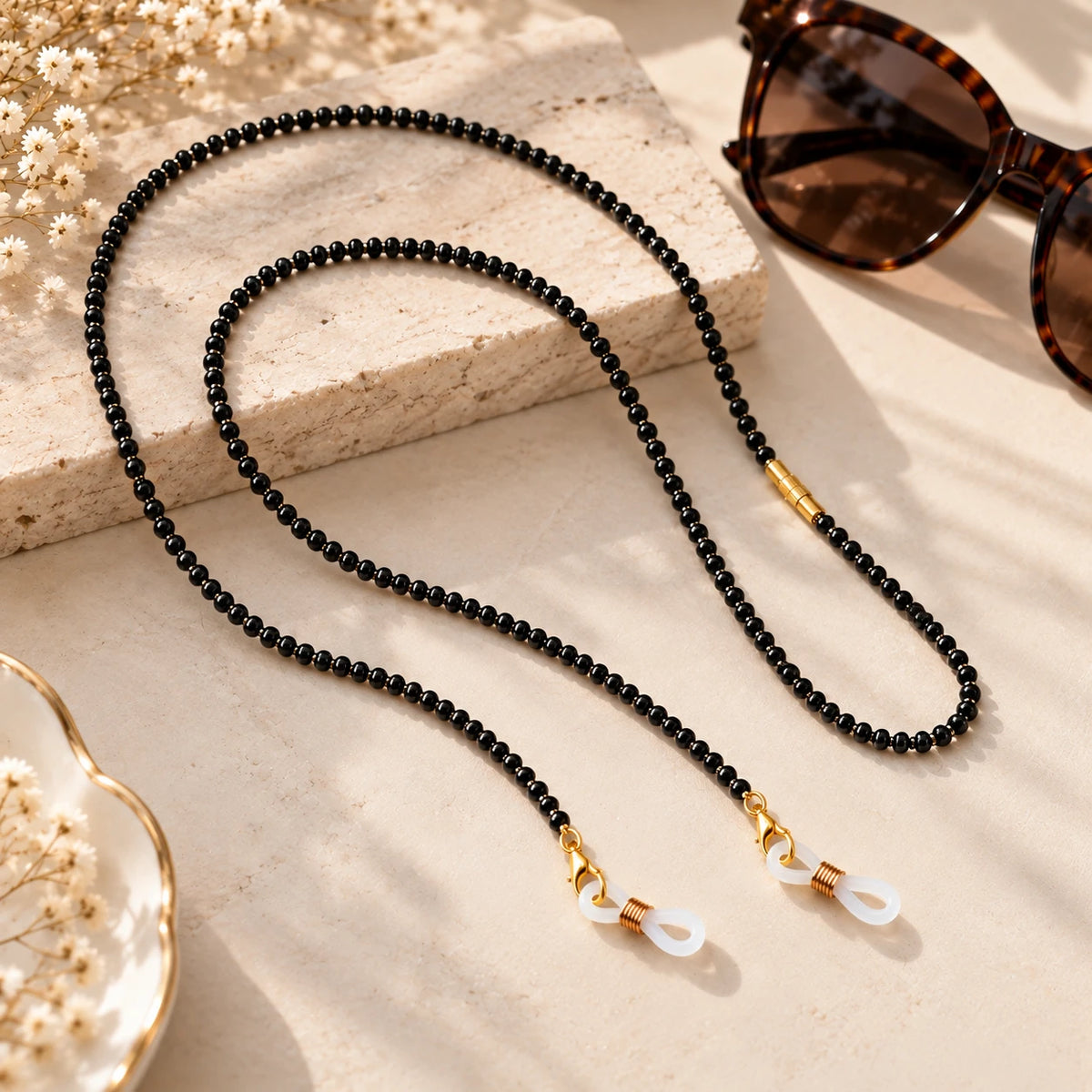 Black & Gold Beaded 65 cm Glass Chain Lanyard Holder (Close-up Detail) | The Colourful Aura