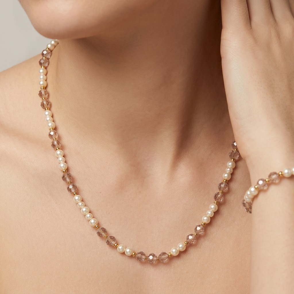 Blush Pink Crystal & Pearl Beaded Necklace (Close-up Detail) | The Colourful Aura