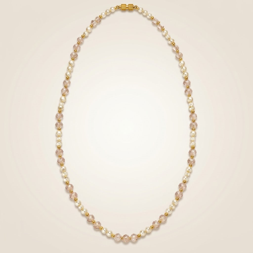 Blush Pink Crystal & Pearl Beaded Necklace (Close-up Detail) | The Colourful Aura