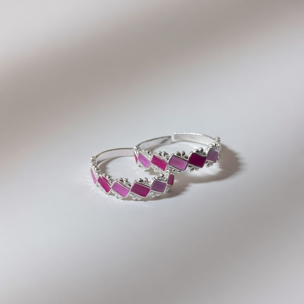 Pink Purple Adjustable Pure Silver Bohemian Foot Toe Ring