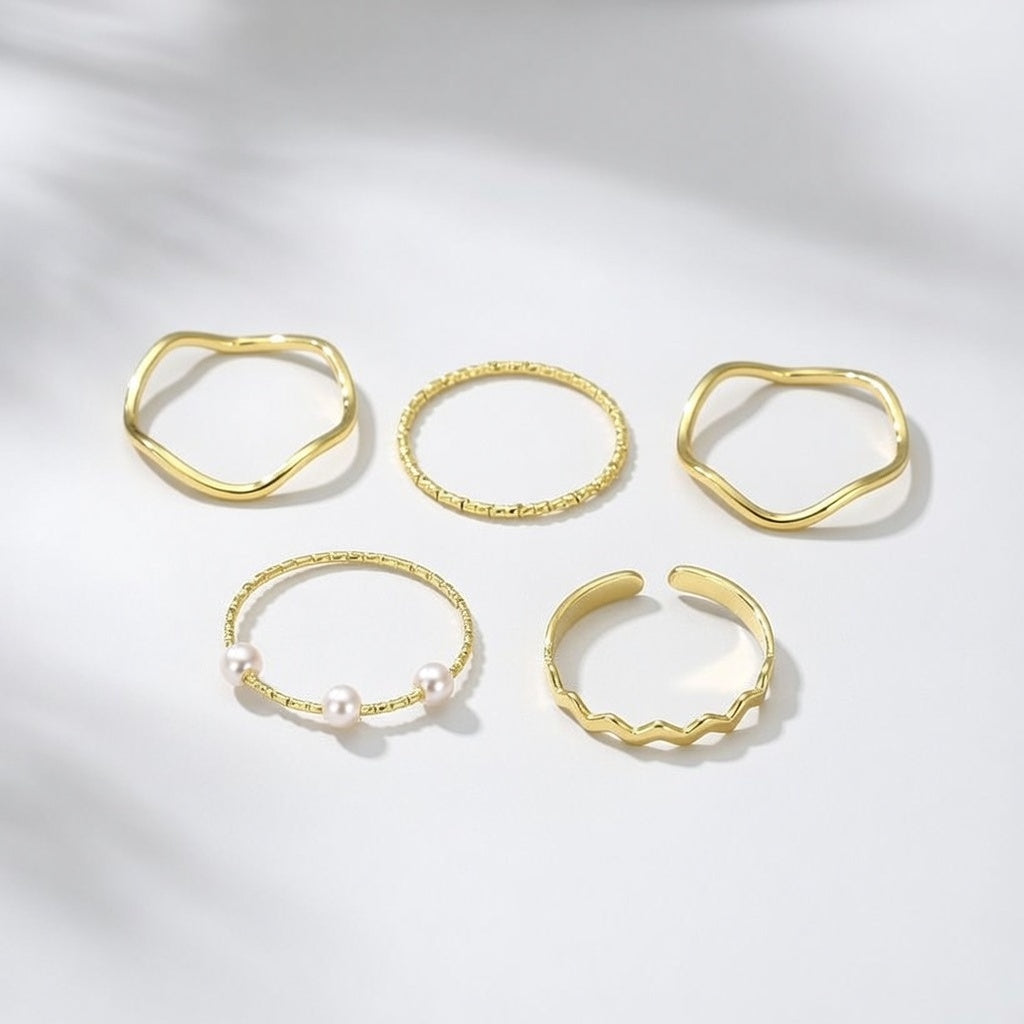 5 Piece Slim Silver Bohemian Pearl Tribal midi Stackable Ring Set