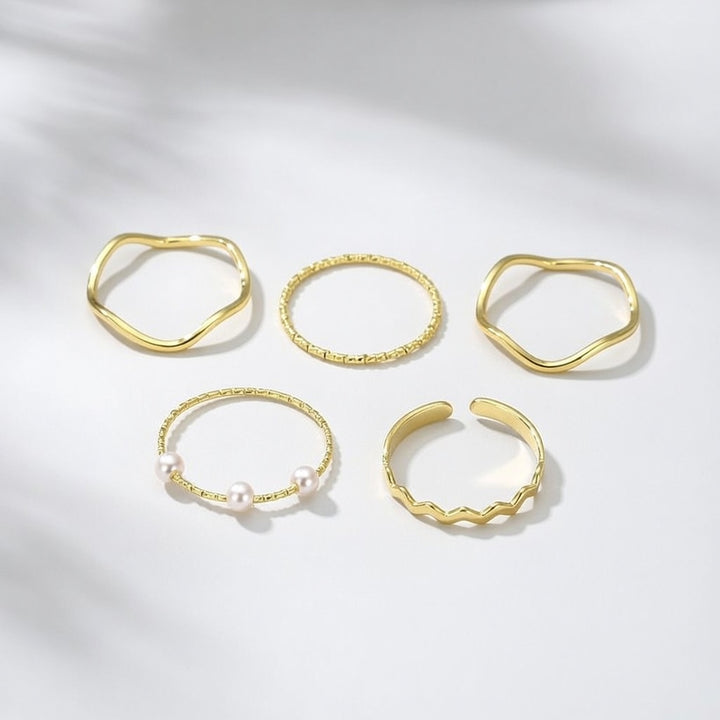 5 Piece Slim Silver Bohemian Pearl Tribal midi Stackable Ring Set