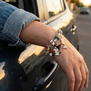 Cartoon Charm Dangle Silver Enamel Bangle Bracelet (Close-up Detail) | The Colourful Aura