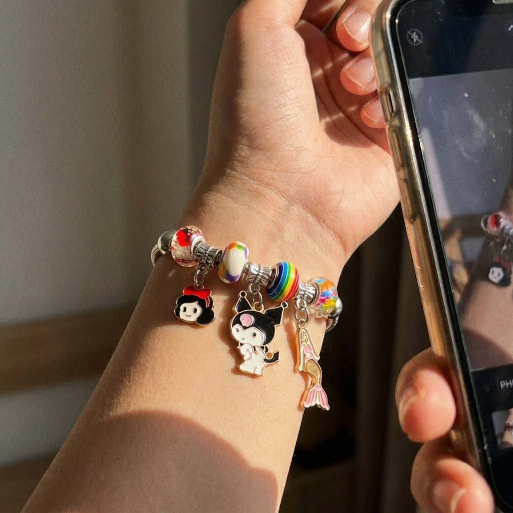 Cartoon Charm Dangle Silver Enamel Bangle Bracelet (Close-up Detail) | The Colourful Aura