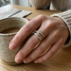 Cross Wide Silver Gold Stone Band Ring (Close-up Detail) | The Colourful Aura