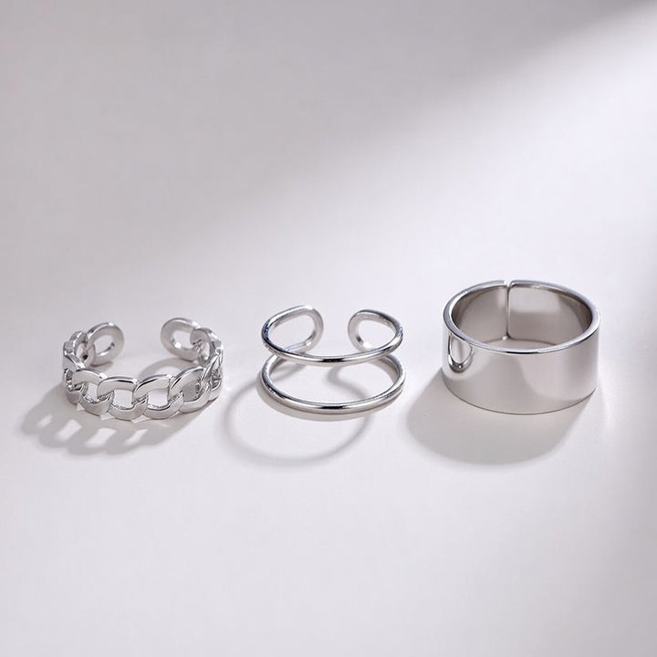 3 Piece Adjustable Wide Band Silver Cuff Resizable Boho Ring set