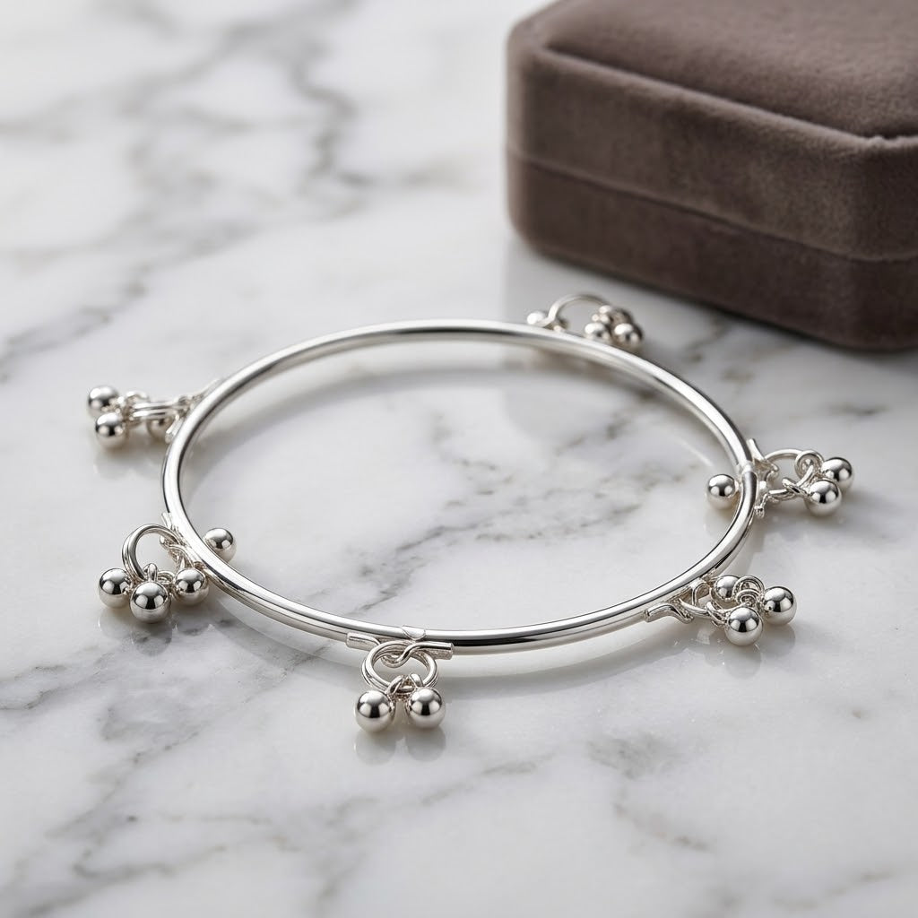Dangling Ball Charm Kada Bangle | Silver Plated (Close-up Detail) | The Colourful Aura