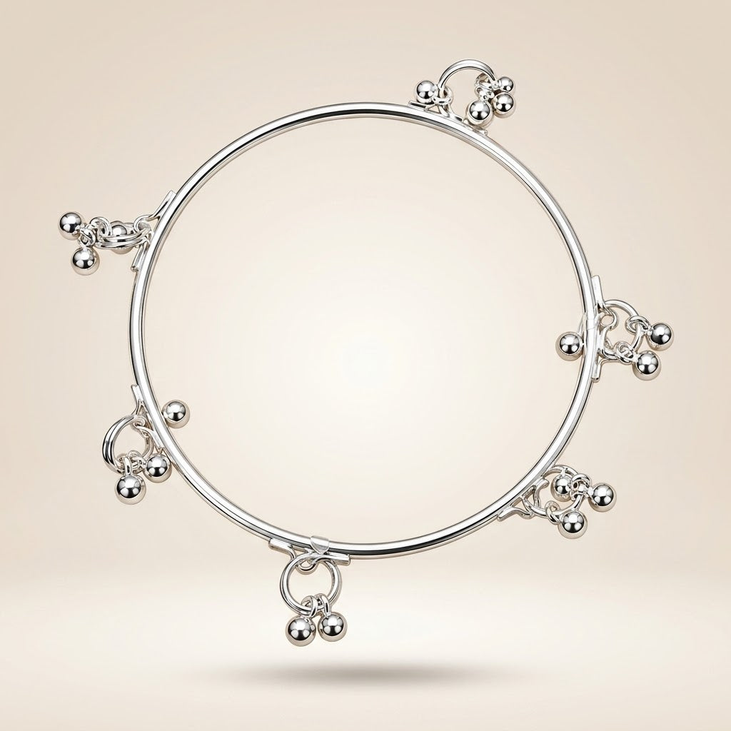Dangling Ball Charm Kada Bangle | Silver Plated (Close-up Detail) | The Colourful Aura