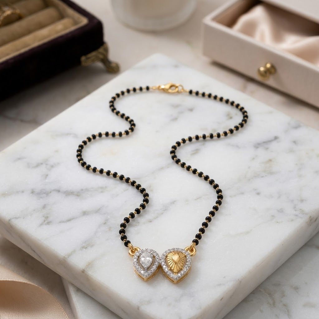 Double Heart Zircon Black Beaded Mangalsutra Necklace — Boho Jewellery UK | The Colourful Aura