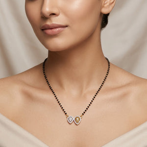 Double Heart Zircon Black Beaded Mangalsutra Necklace (Close-up Detail) | The Colourful Aura