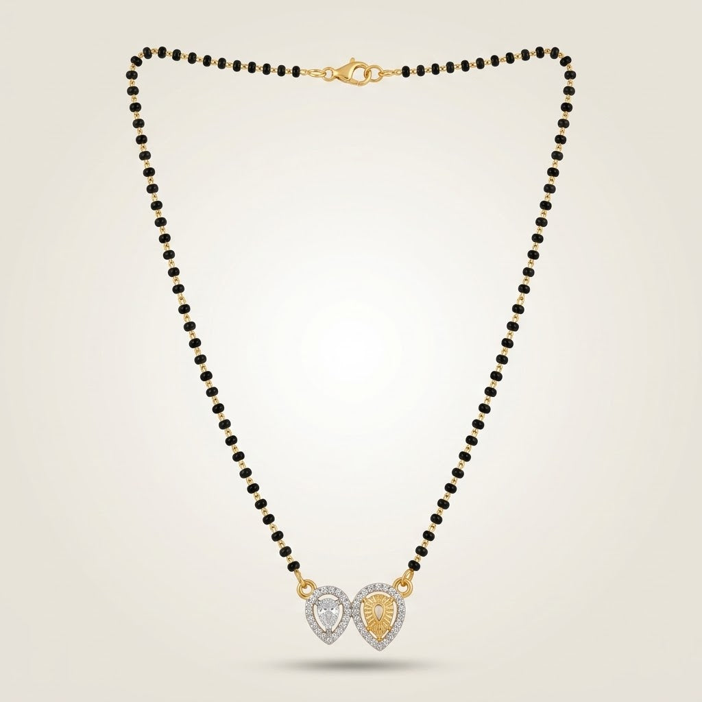 Double Heart Zircon Black Beaded Mangalsutra Necklace (Close-up Detail) | The Colourful Aura