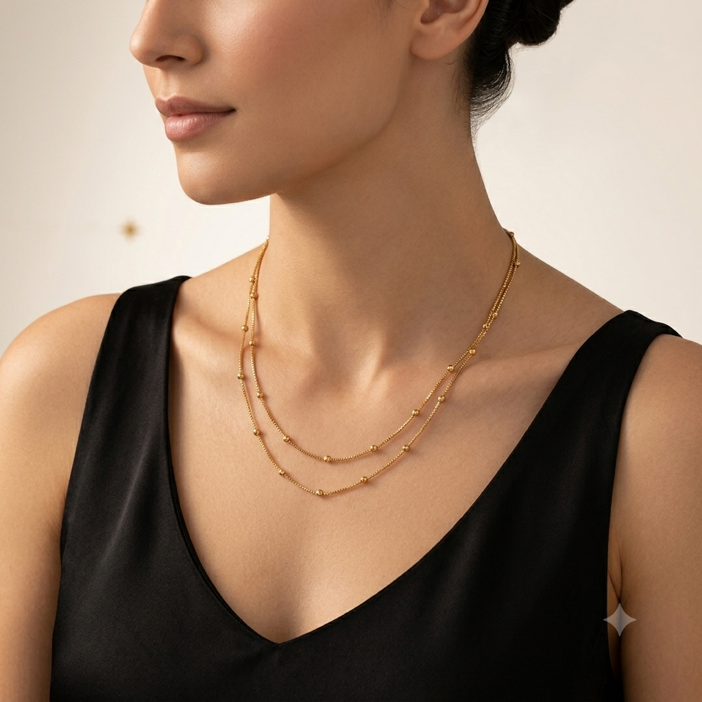 Double Strand 18k Gold Plated Satellite Chain Necklace (Close-up Detail) | The Colourful Aura