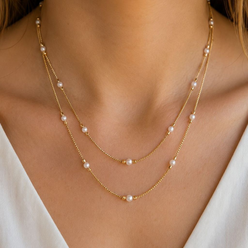 Front view of a woman wearing an 18ct gold plated double strand imitation pearl necklace with a white top