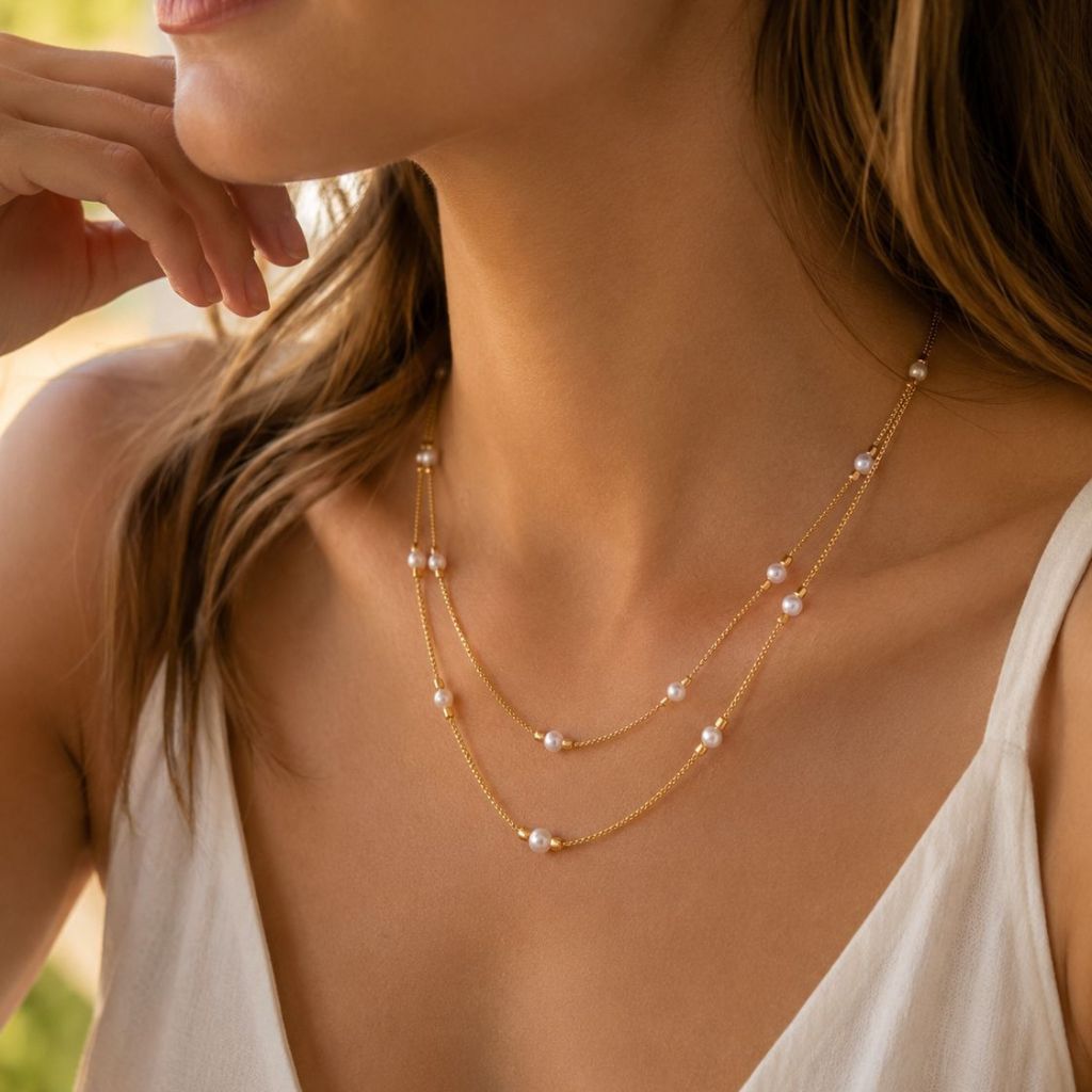 Side profile of a woman wearing a double strand gold and imitation pearl necklace outdoors in natural light
