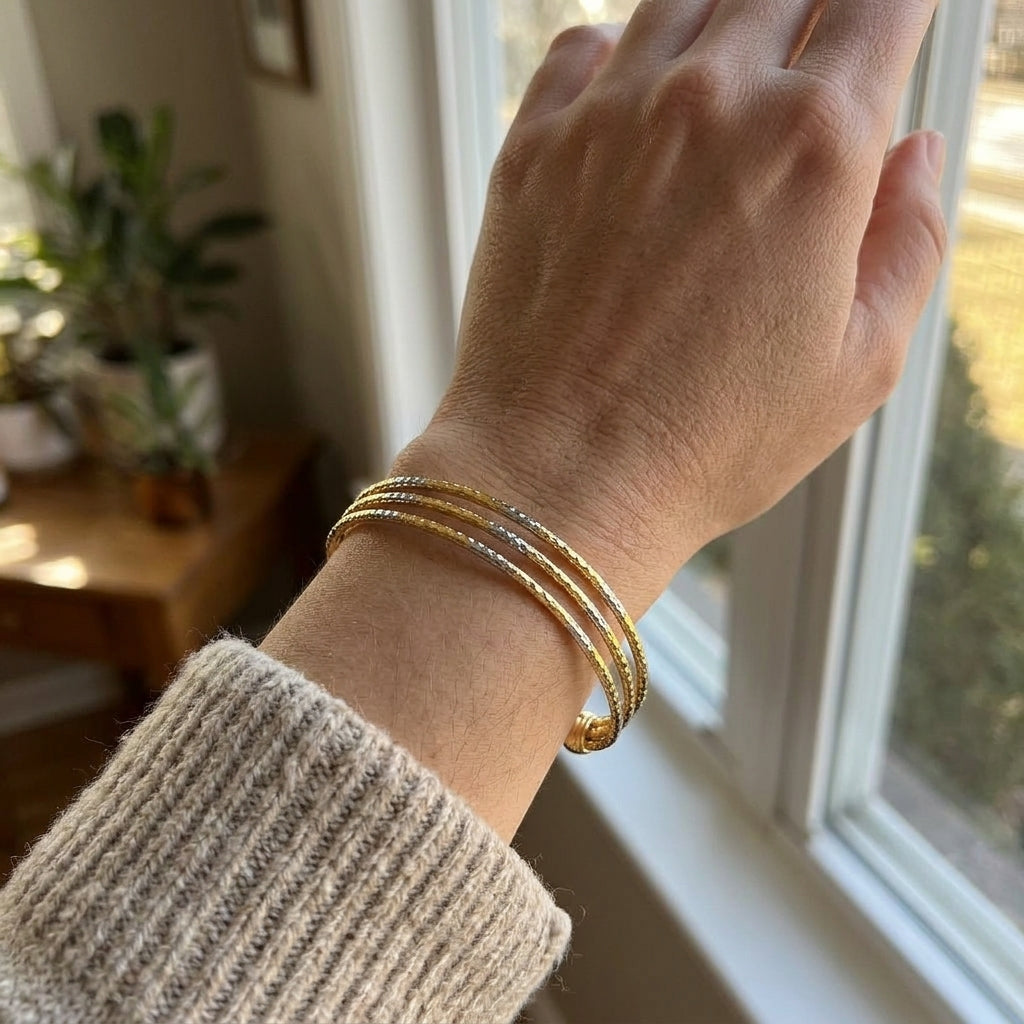 Dual-Tone Triple Strand Brass Cuff Bracelet (Close-up Detail) | The Colourful Aura