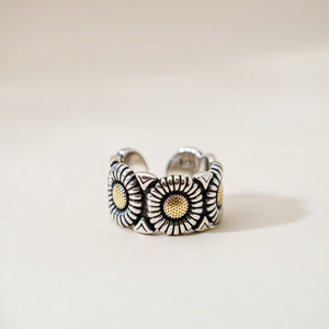Silver Plated Vintage Sun Flower Daisy Wide Cuff Band Ring — Boho Jewellery UK | The Colourful Aura