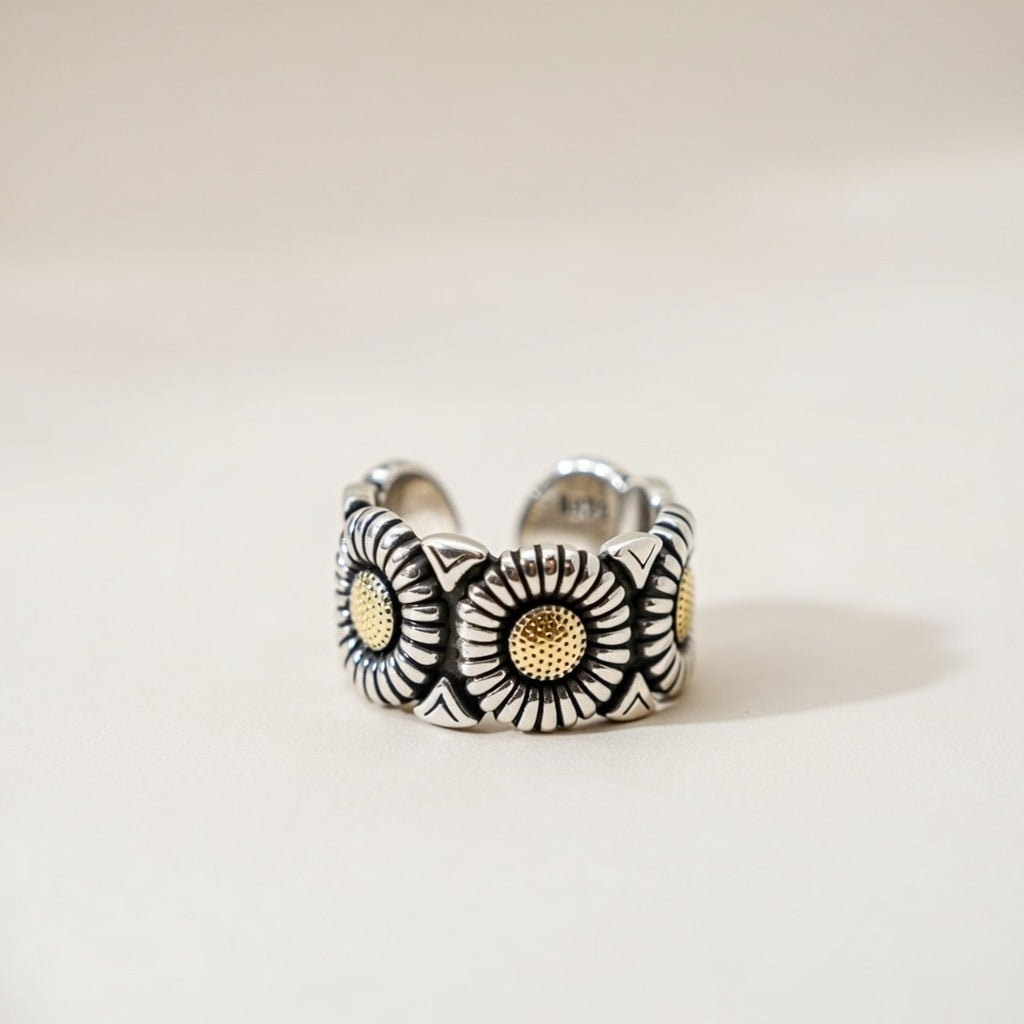Silver Plated Vintage Sun Flower Daisy Wide Cuff Band Ring — Boho Jewellery UK | The Colourful Aura