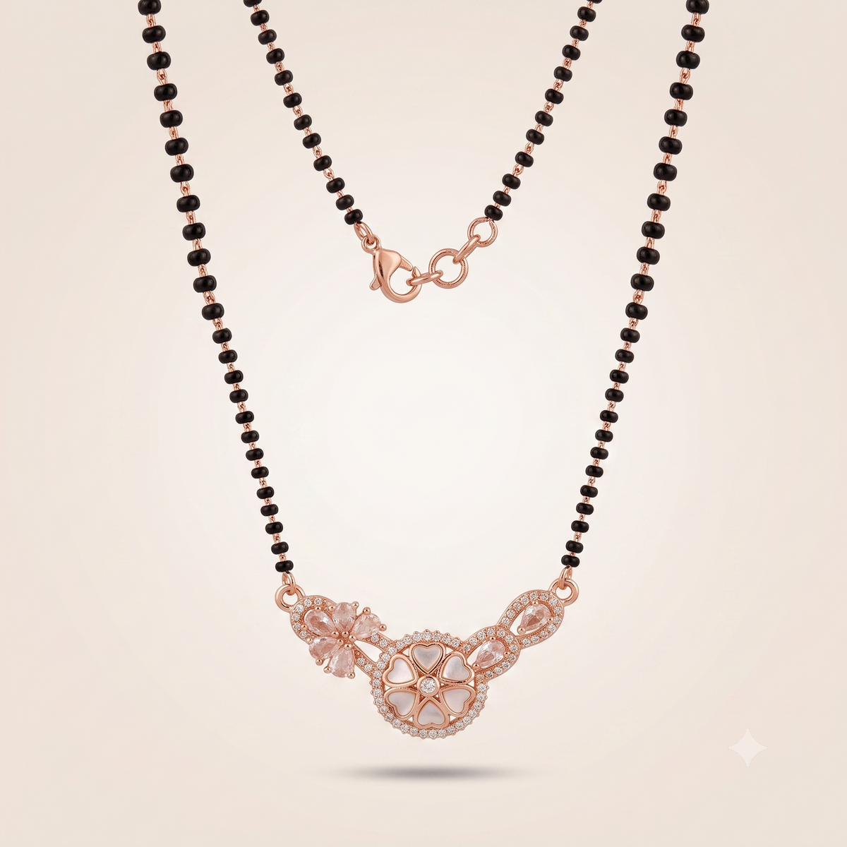 Indian Nazaria Rose Gold Floral Heart Zircon Mangalsutra Black Beads Necklace — Boho Jewellery UK | The Colourful Aura